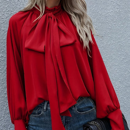 Kristine - Bluse med Sløyfe på Halsen og Puffete Lange Ermer