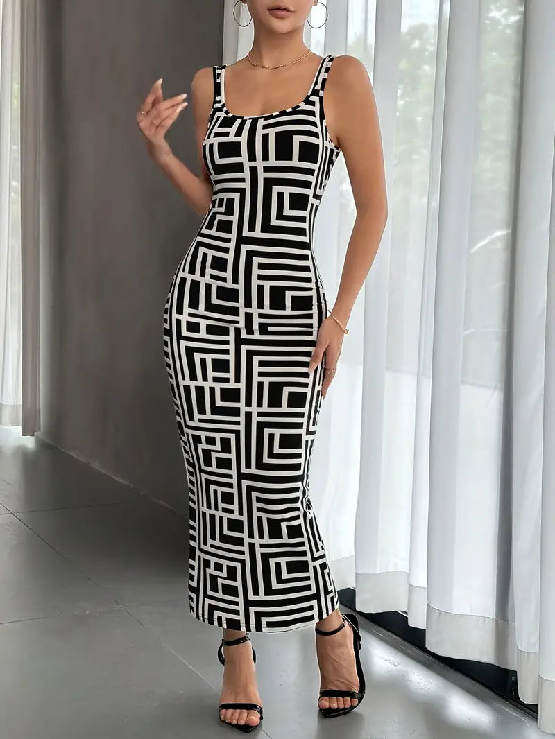 Charlotte - Bodycon kjole med geometrisk trykk og tynne spaghettistropper