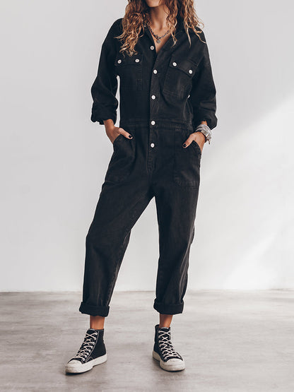 Freya - Avslappet passform front knapp jumpsuit med praktiske lommer