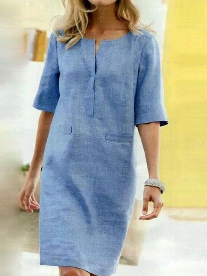 Maria - Elegant skjortekjole med korte ermer og lommer foran for enkel stil