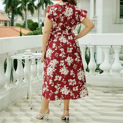 Karin - Plus size A linje midikjole med blomstertrykk og V hals