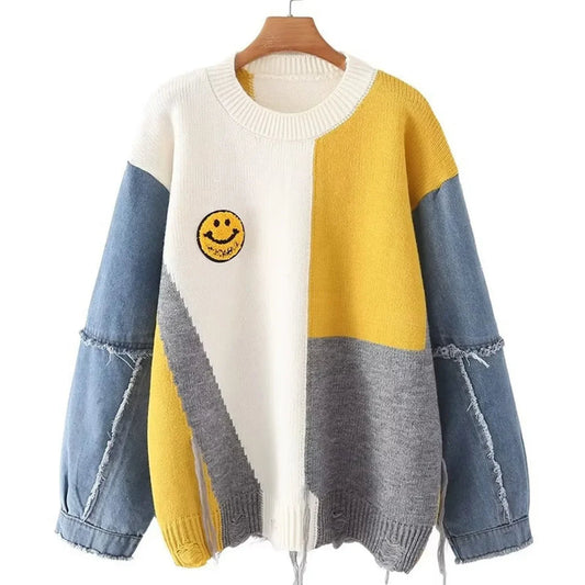 Mariana - Genser i fargeblokk med smiley-lapp og distressed detaljer