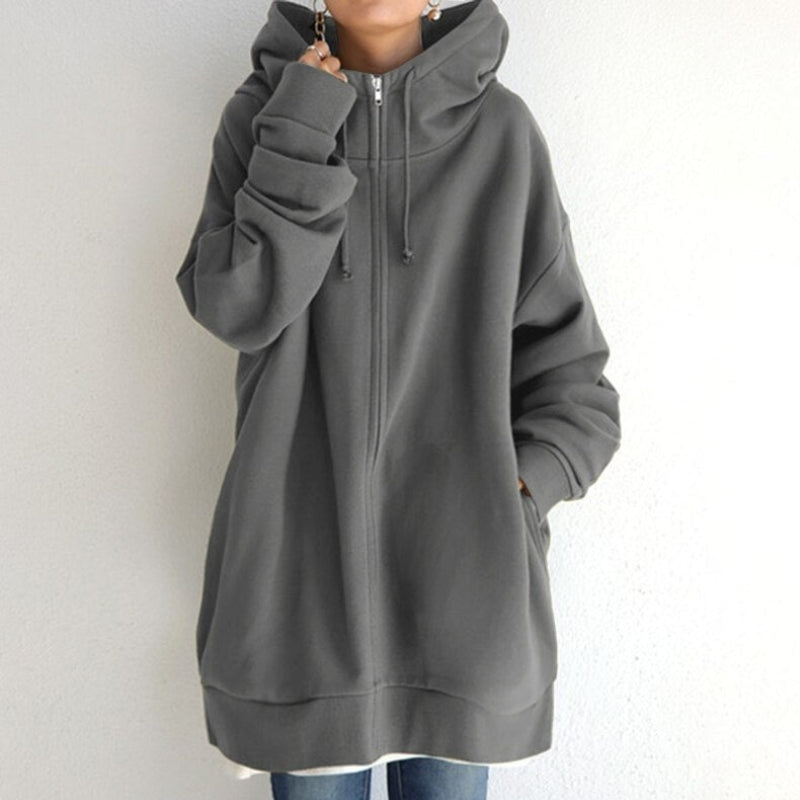 Lena – Langermet Oversized Zip Hoodie med Ribbestrikkede Detaljer