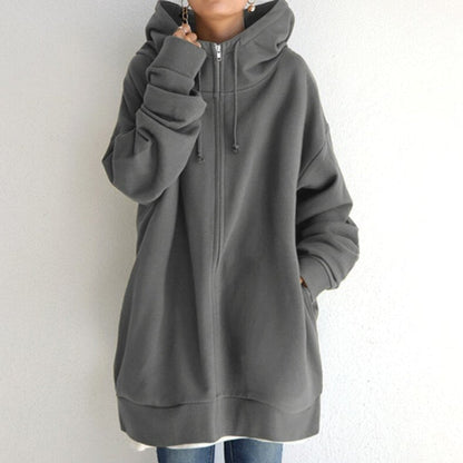 Lena – Langermet Oversized Zip Hoodie med Ribbestrikkede Detaljer