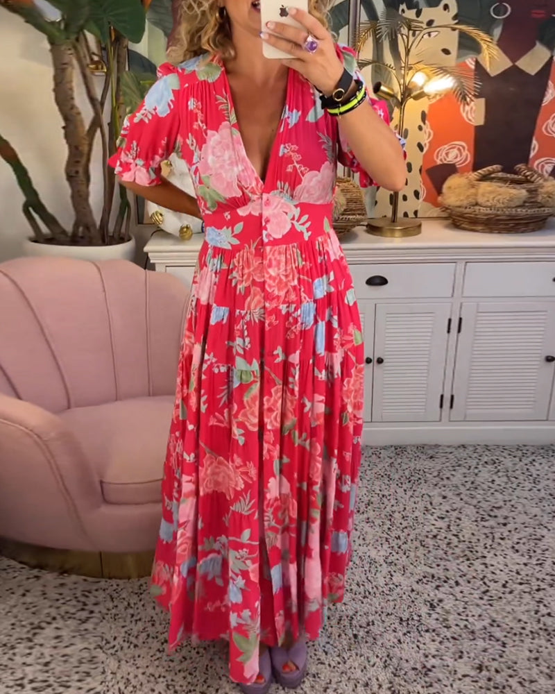 Liana - Maxikjole med puffermer og blomstermønster