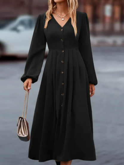 Elena – Midi-Kjole med Knapp Foran med Puffede Ermer