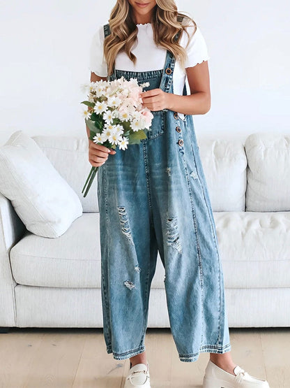 Freya - Ermeløs jumpsuit i denim med vide ben