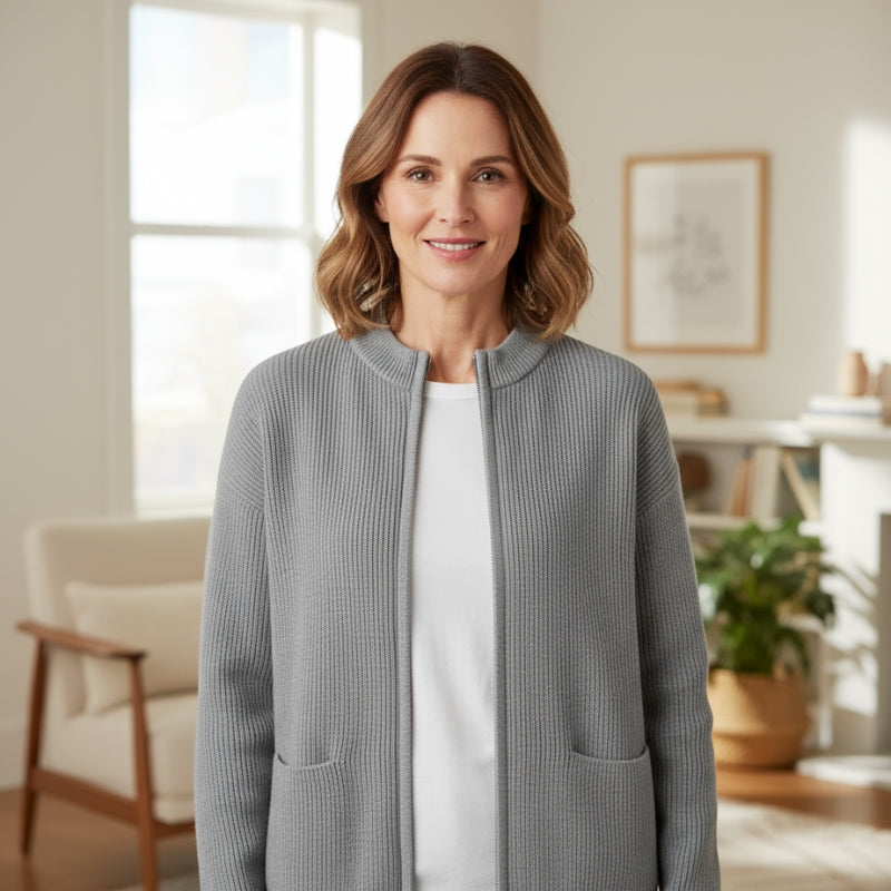 Elvia – Langermet Zip Cardigan med Sidelommer
