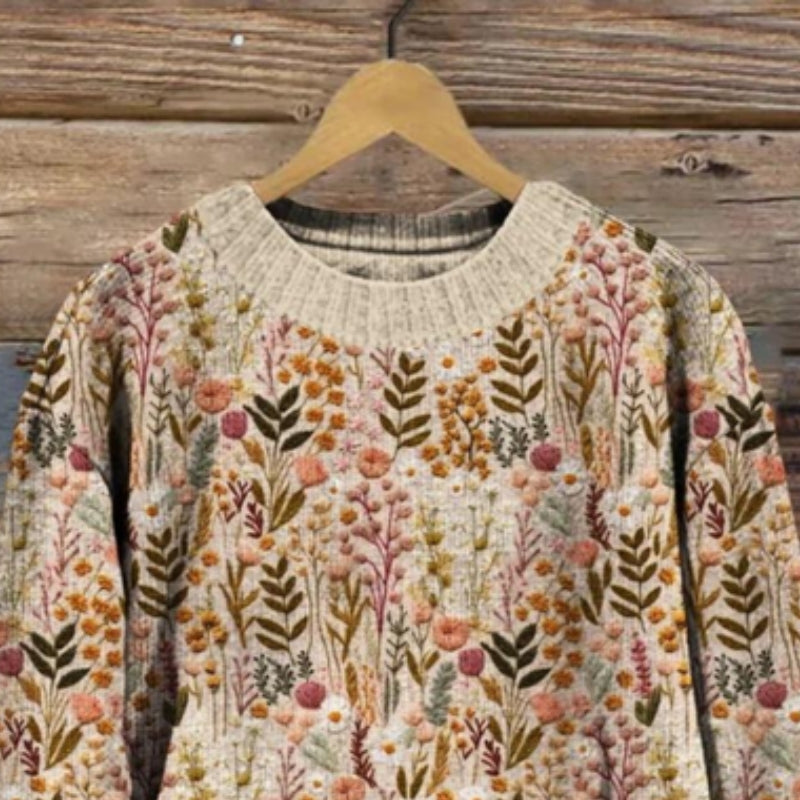 Elvane – Genser med Rund Hals og Blomsterbroderi