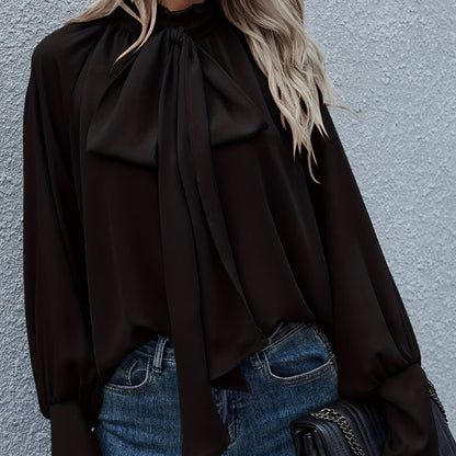 Kristine - Bluse med Sløyfe på Halsen og Puffete Lange Ermer