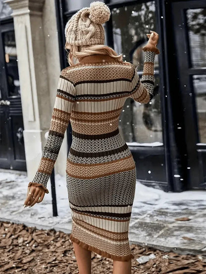 Amelia - Bodycon kjole med lange ermer og teksturert sikksakkmønster