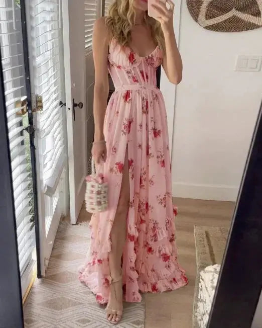 Ellie - Romantisk blomstret Maxi-kjole med spaghetti-stropper