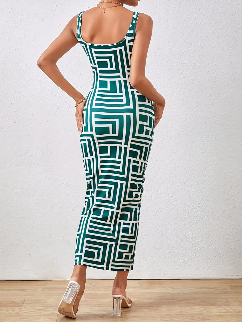 Charlotte - Bodycon kjole med geometrisk trykk og tynne spaghettistropper