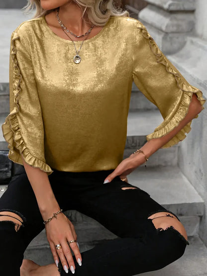 Stephanie - Moderne bluse med volangermer og rund hals