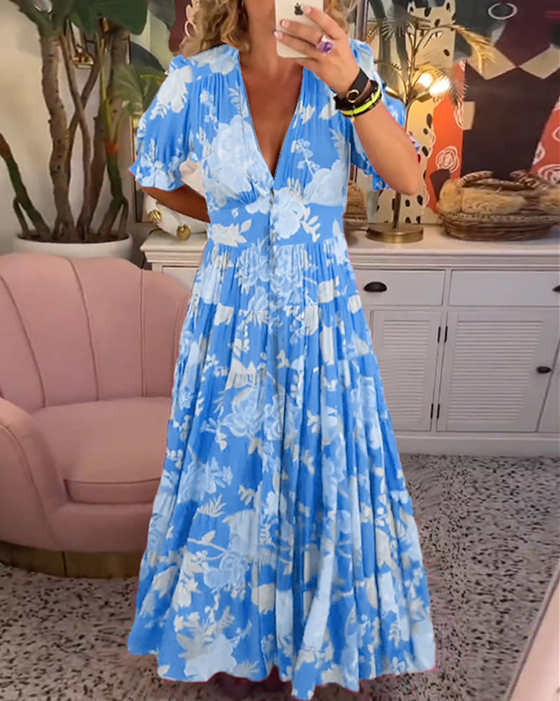 Liana - Maxikjole med puffermer og blomstermønster