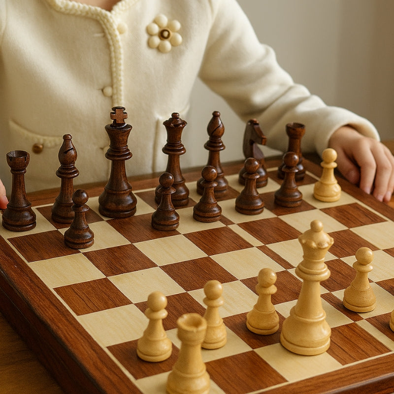 ClassicChess – Sammenleggbart sjakksett i tre med oppbevaringsrom og detaljerte spillebrikker