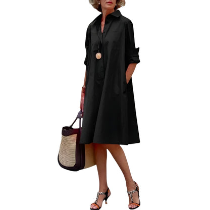 Nora - Skjortekjole med knapp foran med lange ermer og sidelommer