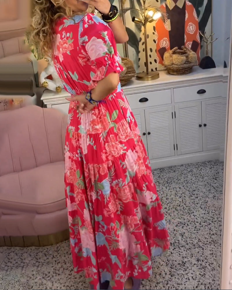 Liana - Maxikjole med puffermer og blomstermønster