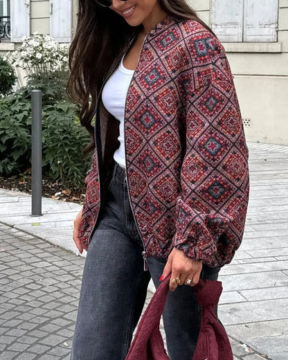 Isla - Oversized jakke med flerfarget mønster og puffede ermer