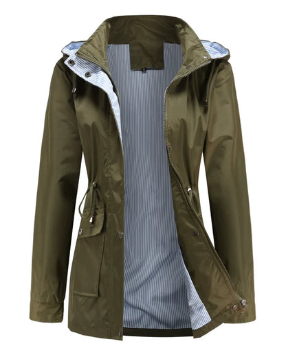 Elizabeth - Moderne lang jakke med sidelommer og stripete mansjetter