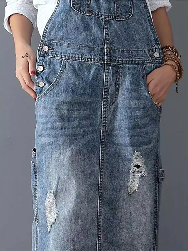 Luna - Denim overallkjole med ryggsplitt og distressed finish