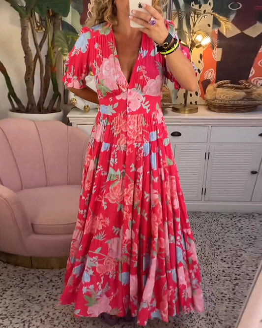 Liana - Maxikjole med puffermer og blomstermønster