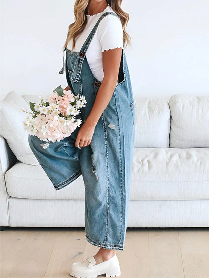 Freya - Ermeløs jumpsuit i denim med vide ben