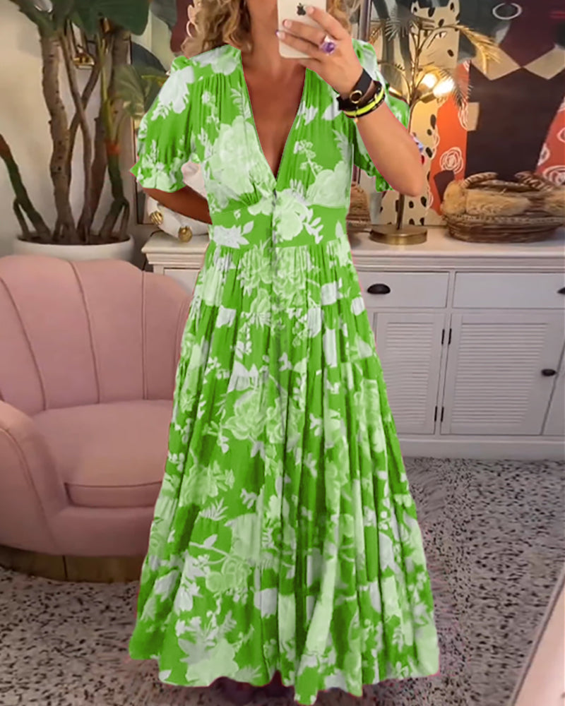 Liana - Maxikjole med puffermer og blomstermønster