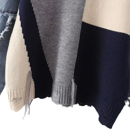 Mariana - Genser i fargeblokk med smiley-lapp og distressed detaljer