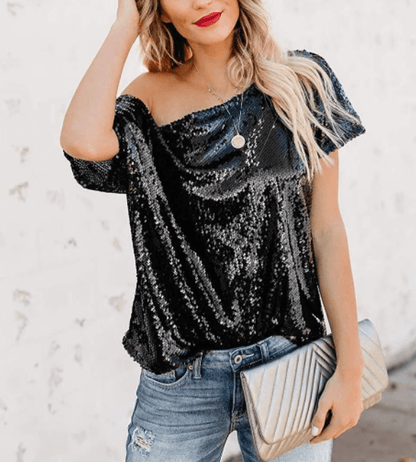 Zoe - Glitrende Off-Shoulder Skjorte med Paljett Detaljer