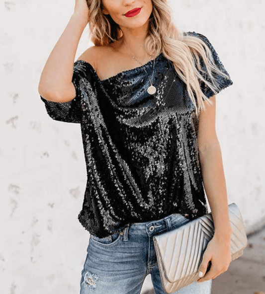 Zoe - Glitrende Off-Shoulder Skjorte med Paljett Detaljer
