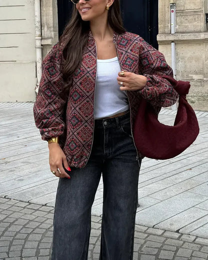 Isla - Oversized jakke med flerfarget mønster og puffede ermer