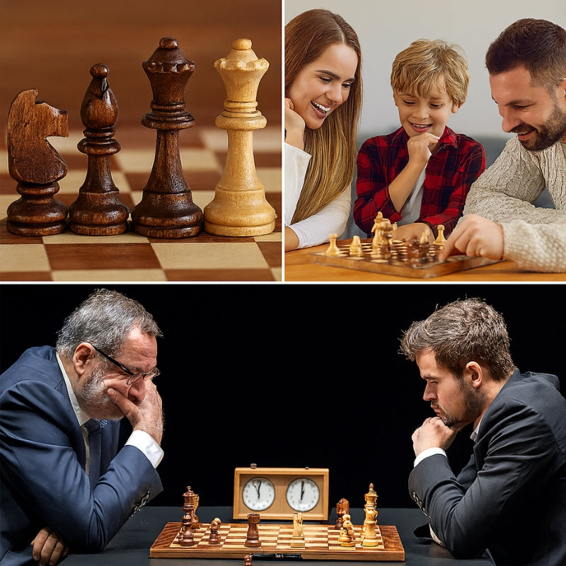 ClassicChess – Sammenleggbart sjakksett i tre med oppbevaringsrom og detaljerte spillebrikker