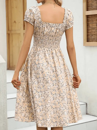 Ella - Blomstret maxikjole med smocked midje og puffermer