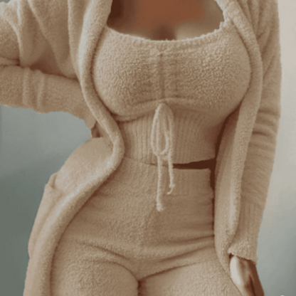 Luisa - Behagelig Fleece 3 Delt Sett med Strikkegenser og Shorts