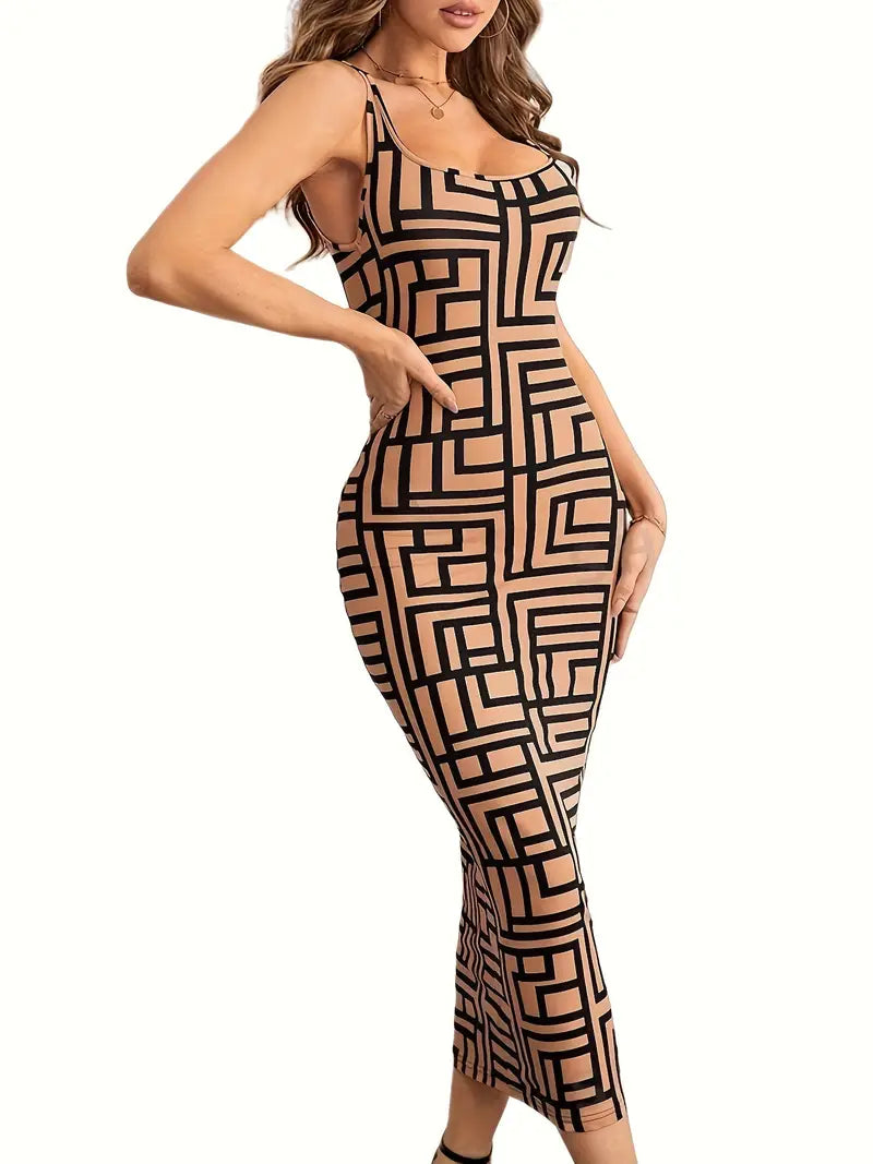 Charlotte - Bodycon kjole med geometrisk trykk og tynne spaghettistropper