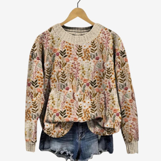 Elvane – Genser med Rund Hals og Blomsterbroderi