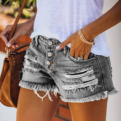 Frida - Stilig denimshorts med flere knappedetaljer