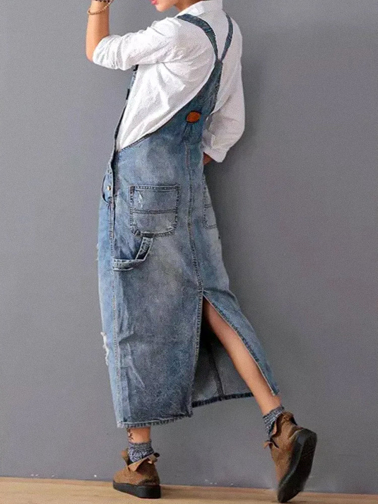 Luna - Denim overallkjole med ryggsplitt og distressed finish