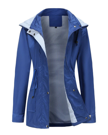 Elizabeth - Moderne lang jakke med sidelommer og stripete mansjetter