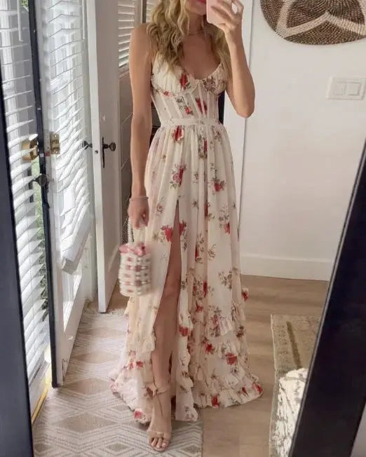 Ellie - Romantisk blomstret Maxi-kjole med spaghetti-stropper