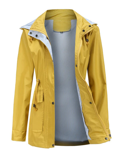 Elizabeth - Moderne lang jakke med sidelommer og stripete mansjetter