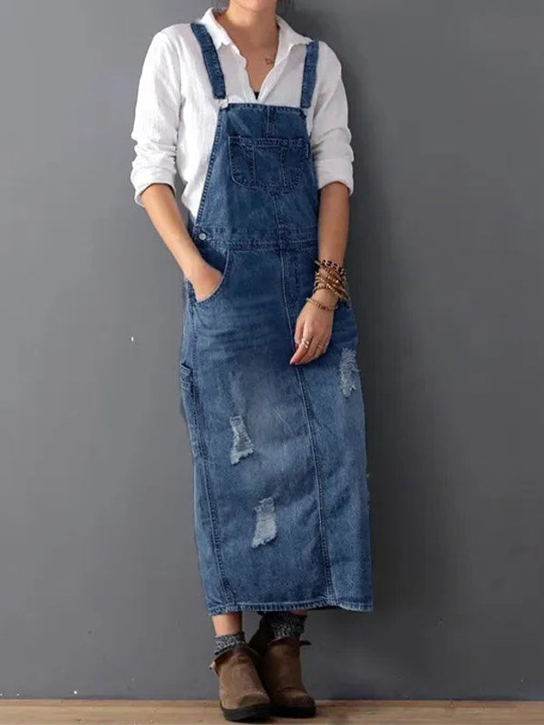 Luna - Denim overallkjole med ryggsplitt og distressed finish