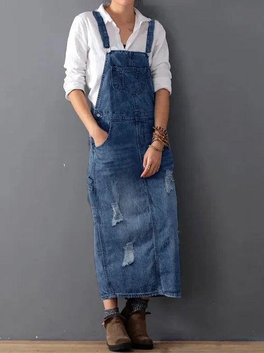 Luna - Denim overallkjole med ryggsplitt og distressed finish