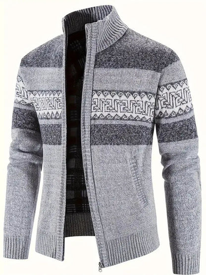 Robert - Zip up genser med geometrisk design og lange ermer