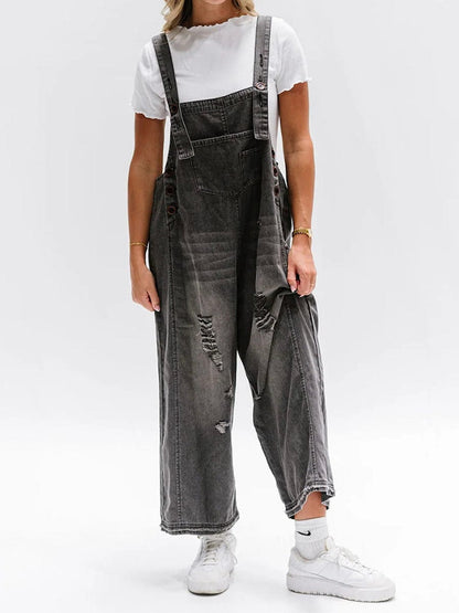 Freya - Ermeløs jumpsuit i denim med vide ben
