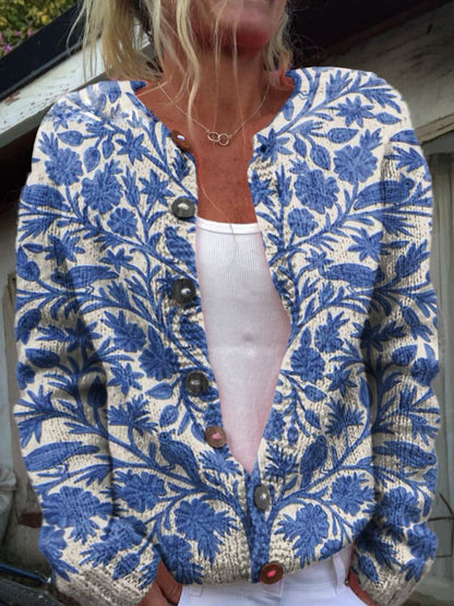 Hannah - Elegant Langermet Strikkekardigan med Blomstermønster og Knapper