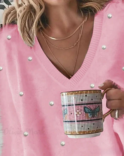 Liora - V-hals, langermet, luftig topp med perler