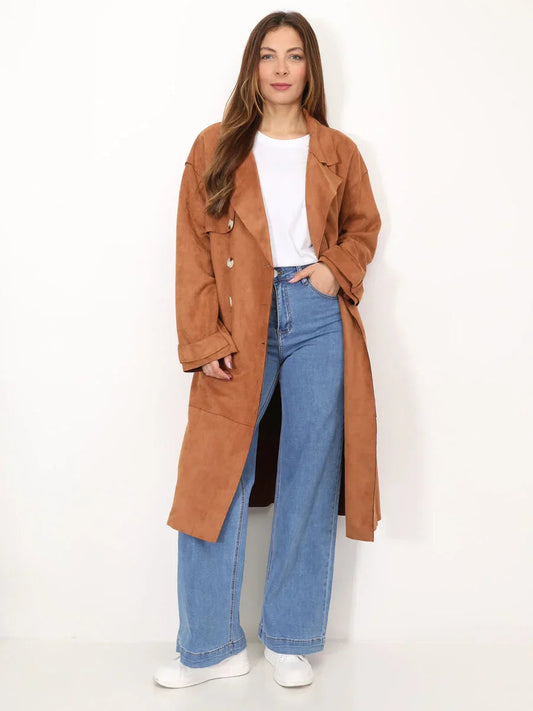 Irma - Langermet trenchcoat i semsket skinn med knapper