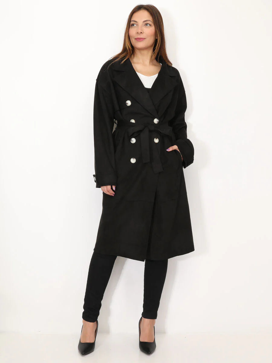 Irma - Langermet trenchcoat i semsket skinn med knapper